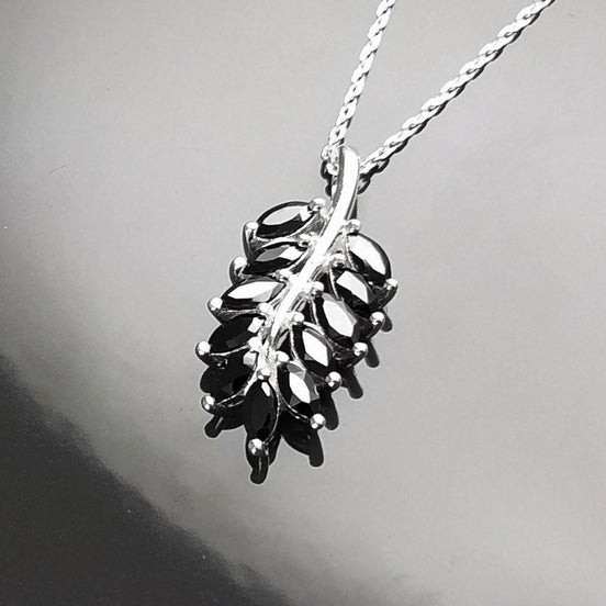 Sterling Silver Laurel Leaves Pendant, Black Lab CZ Stones, Retro Olive Branch Charm
