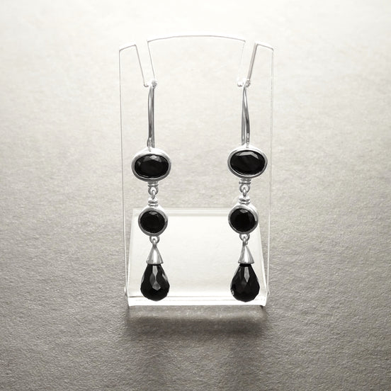 Black Drop Earrings - Hook Earrings - Sterling Silver - Chandelier Earrings - Black Color Cubic Zirconia - Long silver earrings