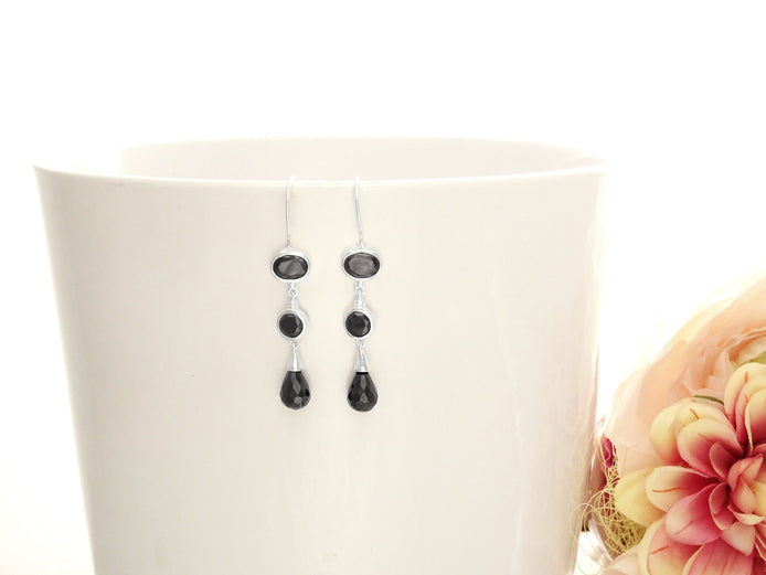 Black Drop Earrings - Hook Earrings - Sterling Silver - Chandelier Earrings - Black Color Cubic Zirconia - Long silver earrings