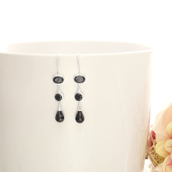 Black Drop Earrings - Hook Earrings - Sterling Silver - Chandelier Earrings - Black Color Cubic Zirconia - Long silver earrings
