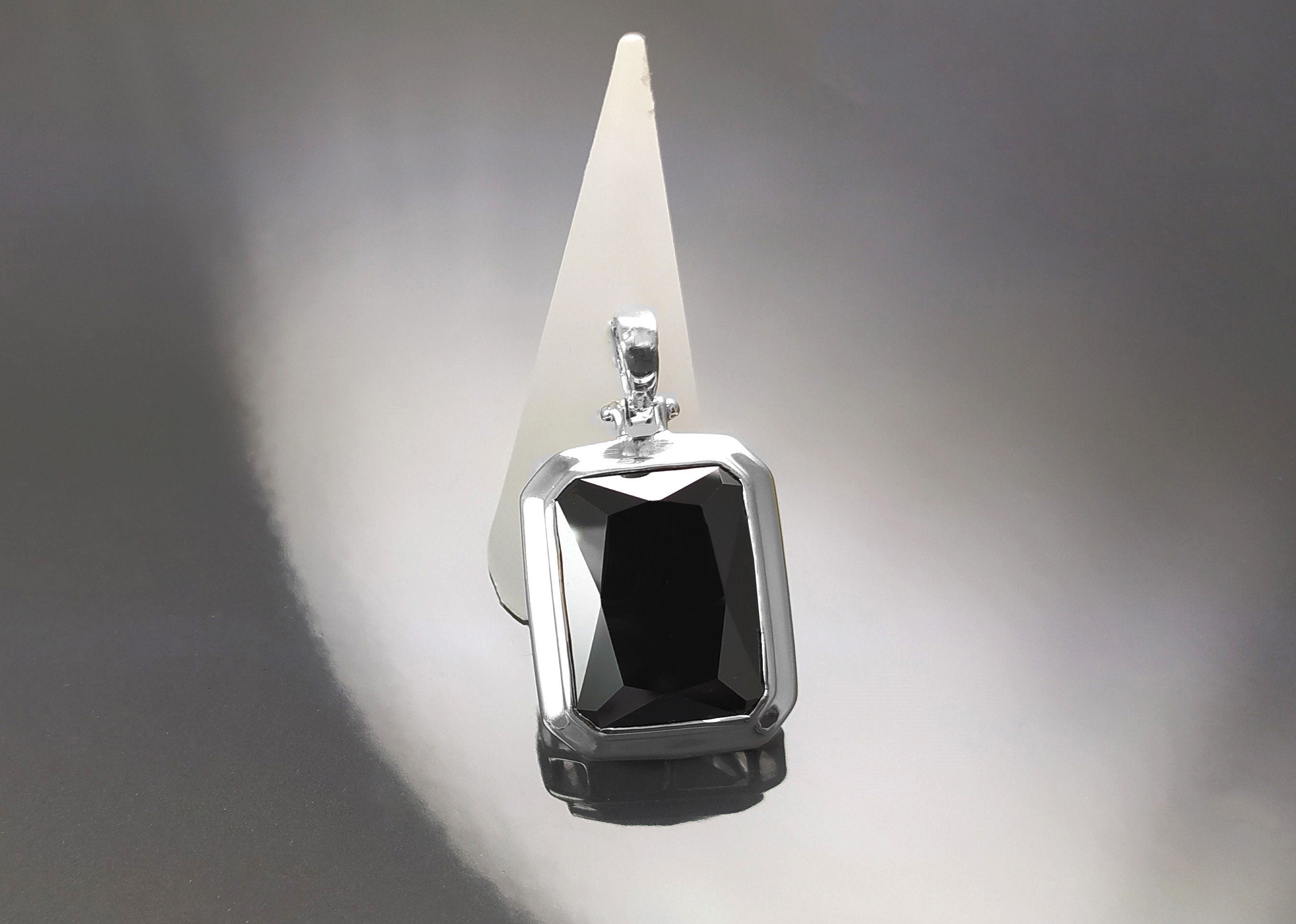 Black Rectangle Pendant, Sterling Silver Jewelry, Big Cz Stone, Deep Dark Black Color, Statement Rectangle Necklace, Unisex Women Gift