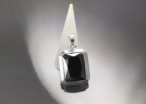 Black Rectangle Pendant, Sterling Silver Jewelry, Big Cz Stone, Deep Dark Black Color, Statement Rectangle Necklace, Unisex Women Gift