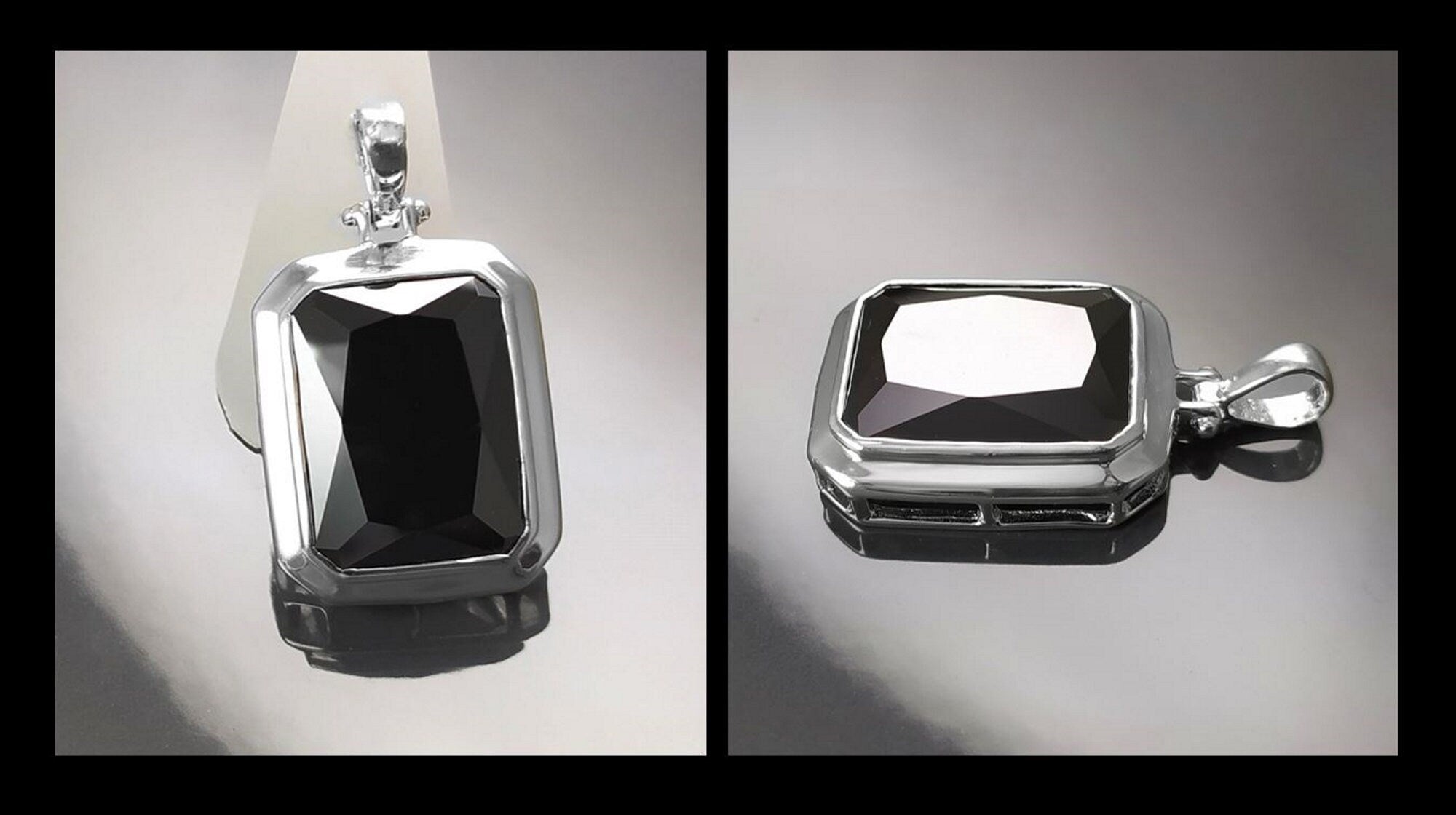 Black rectangle pendant, sterling silver, Oversized big stone cz, big rectangle necklace, unisex man women gift