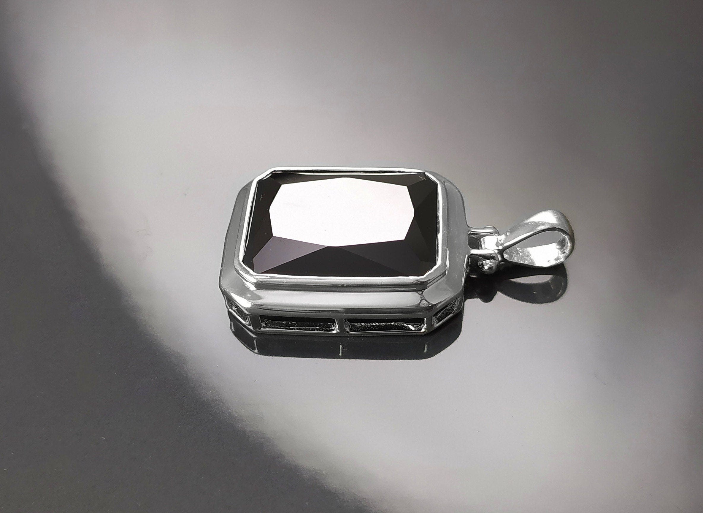 Black rectangle pendant, sterling silver, Oversized big stone cz, big rectangle necklace, unisex man women gift