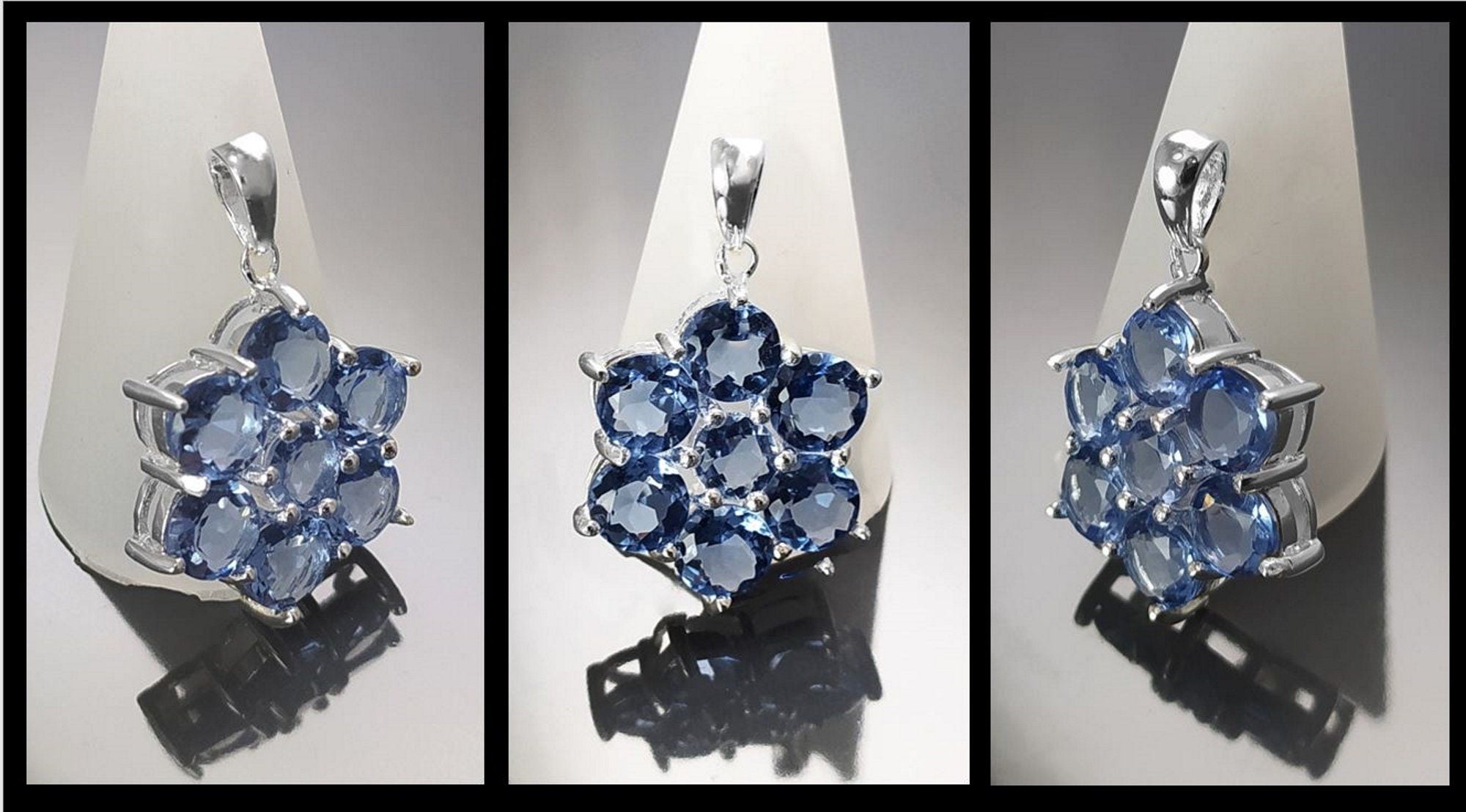 Topaz Blue Color Pendant, Sterling Silver 925, Intricate Design Jewelry, Flower Shape Stone, Sapphire Blue CZ Pendant, Silver Necklace