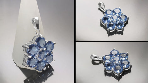 Topaz Blue Color Pendant, Sterling Silver 925, Intricate Design Jewelry, Flower Shape Stone, Sapphire Blue CZ Pendant, Silver Necklace