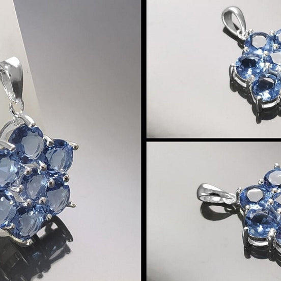 Topaz Blue Color Pendant, Sterling Silver 925, Intricate Design Jewelry, Flower Shape Stone, Sapphire Blue CZ Pendant, Silver Necklace