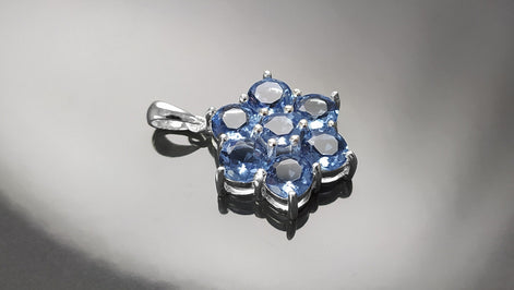 Topaz Blue Color Pendant, Sterling Silver 925, Intricate Design Jewelry, Flower Shape Stone, Sapphire Blue CZ Pendant, Silver Necklace