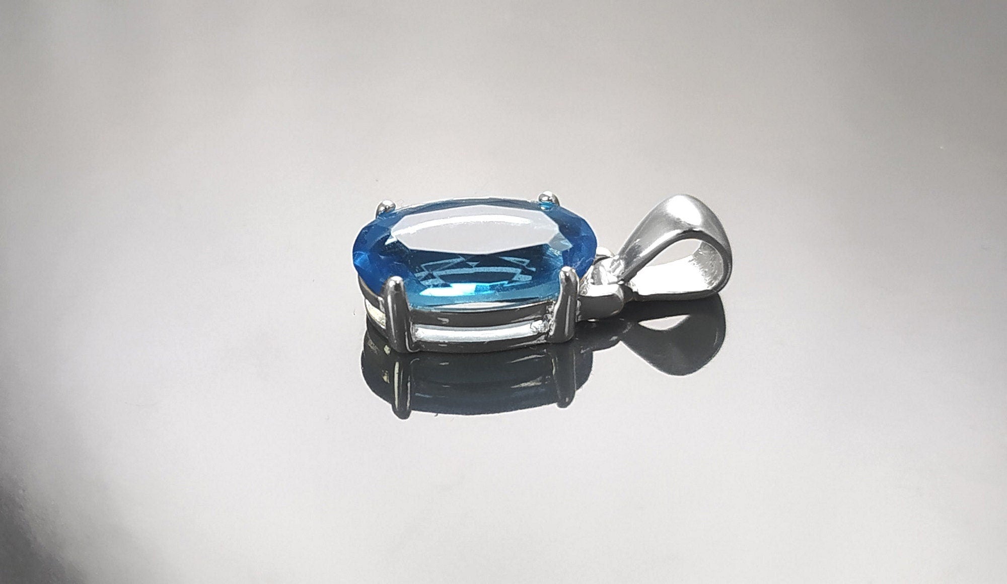 Blue Stone Necklace, sterling silver, classic oval shape topaz color Cz stone necklace, Classic Minimalist Stones jewelry, Blue Oval Pendant