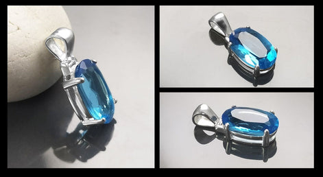 Blue Stone Necklace, sterling silver, classic oval shape topaz color Cz stone necklace, Classic Minimalist Stones jewelry, Blue Oval Pendant