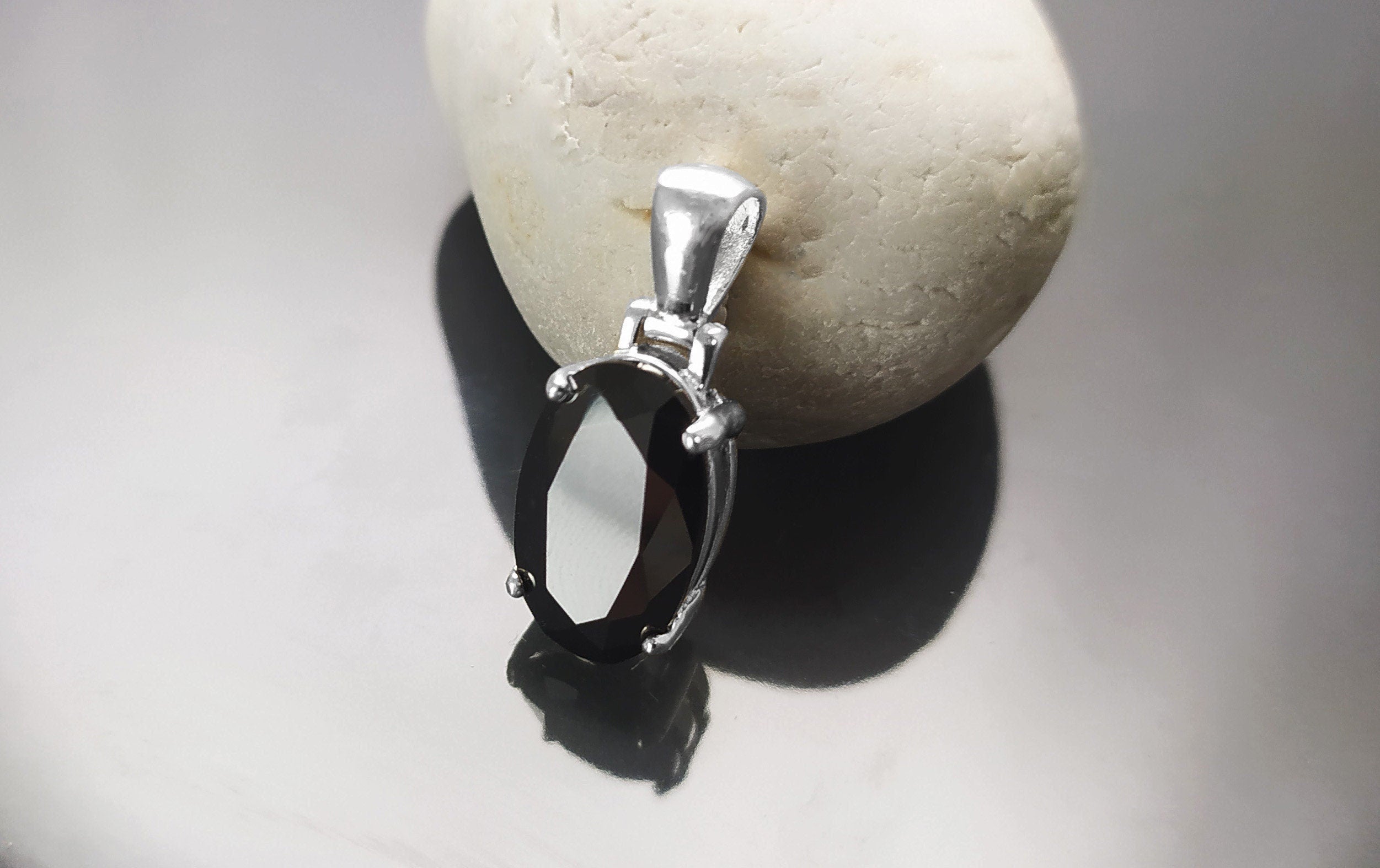 Black Oval Pendant, Sterling Silver, Classic Faceted Cz Stone Jewelry, Minimalist Everyday Necklace