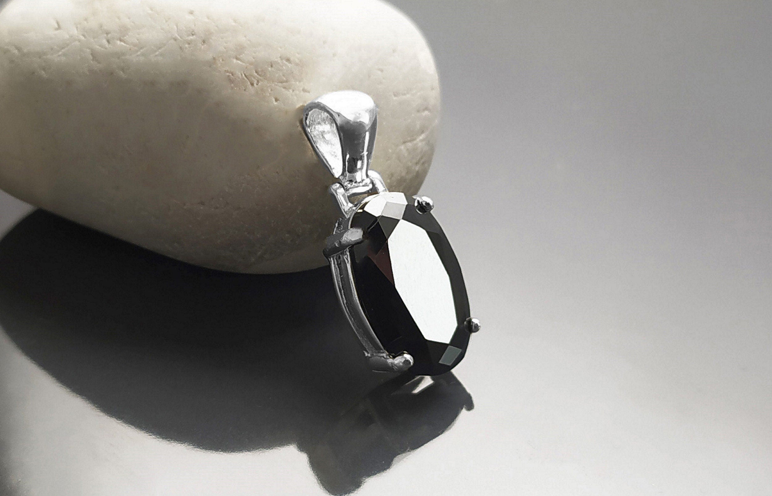 Black Oval Pendant, Sterling Silver, Classic Faceted Cz Stone Jewelry, Minimalist Everyday Necklace