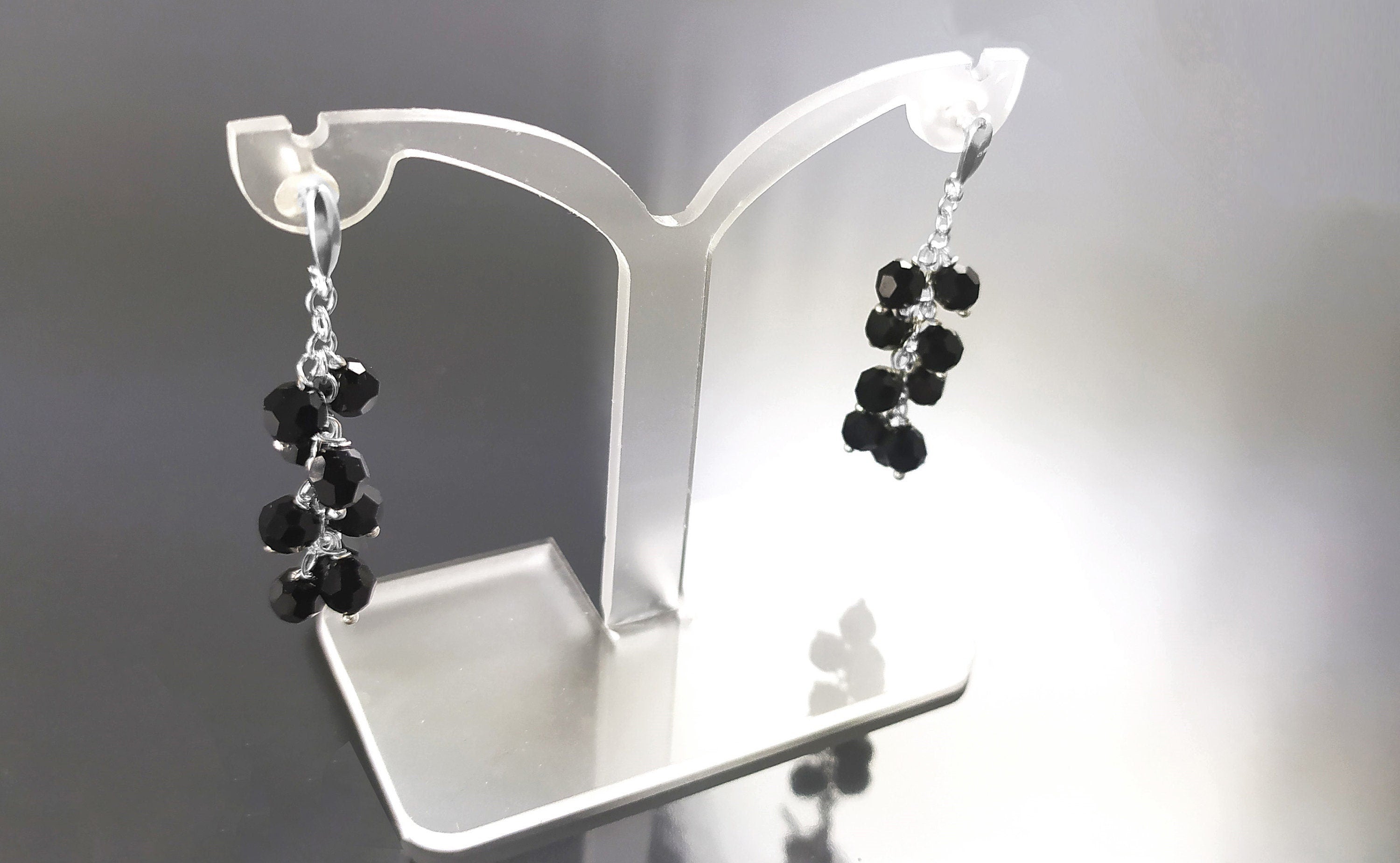 Black dangle earrings, sterling silver, teardrop blackberry crystal cz stones grape earrings, dark blackberries bunch, modern jewelry