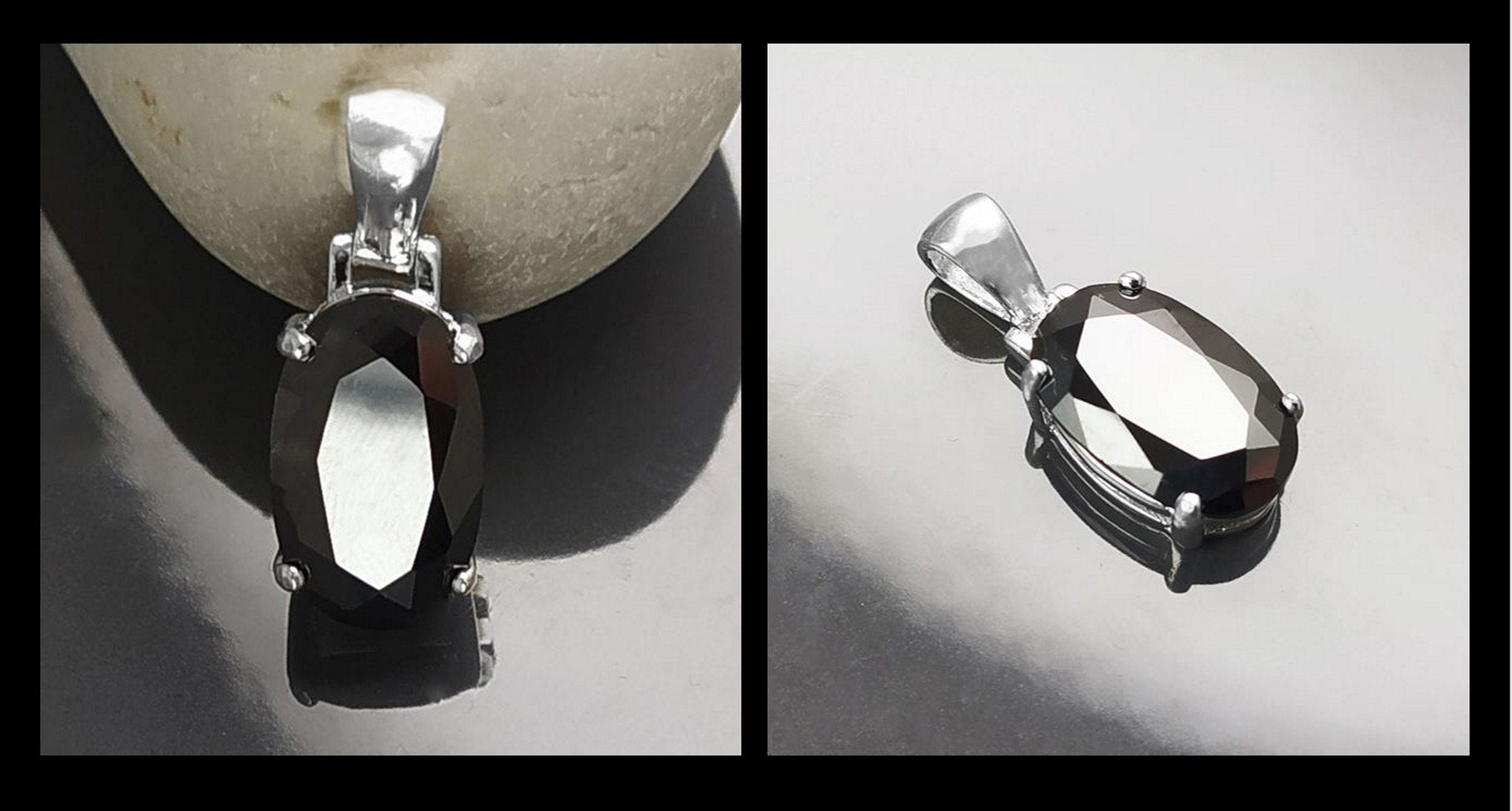 Black Oval Pendant, Sterling Silver, Classic Faceted Cz Stone Jewelry, Minimalist Everyday Necklace