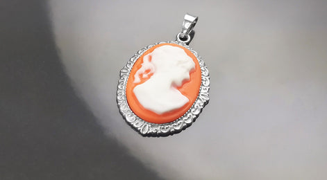 Cameo Pendant - Sterling Silver Red and white Resin Oval stone - woman face portrait cameo - Vintage necklace charm - Victorian Jewelry gift
