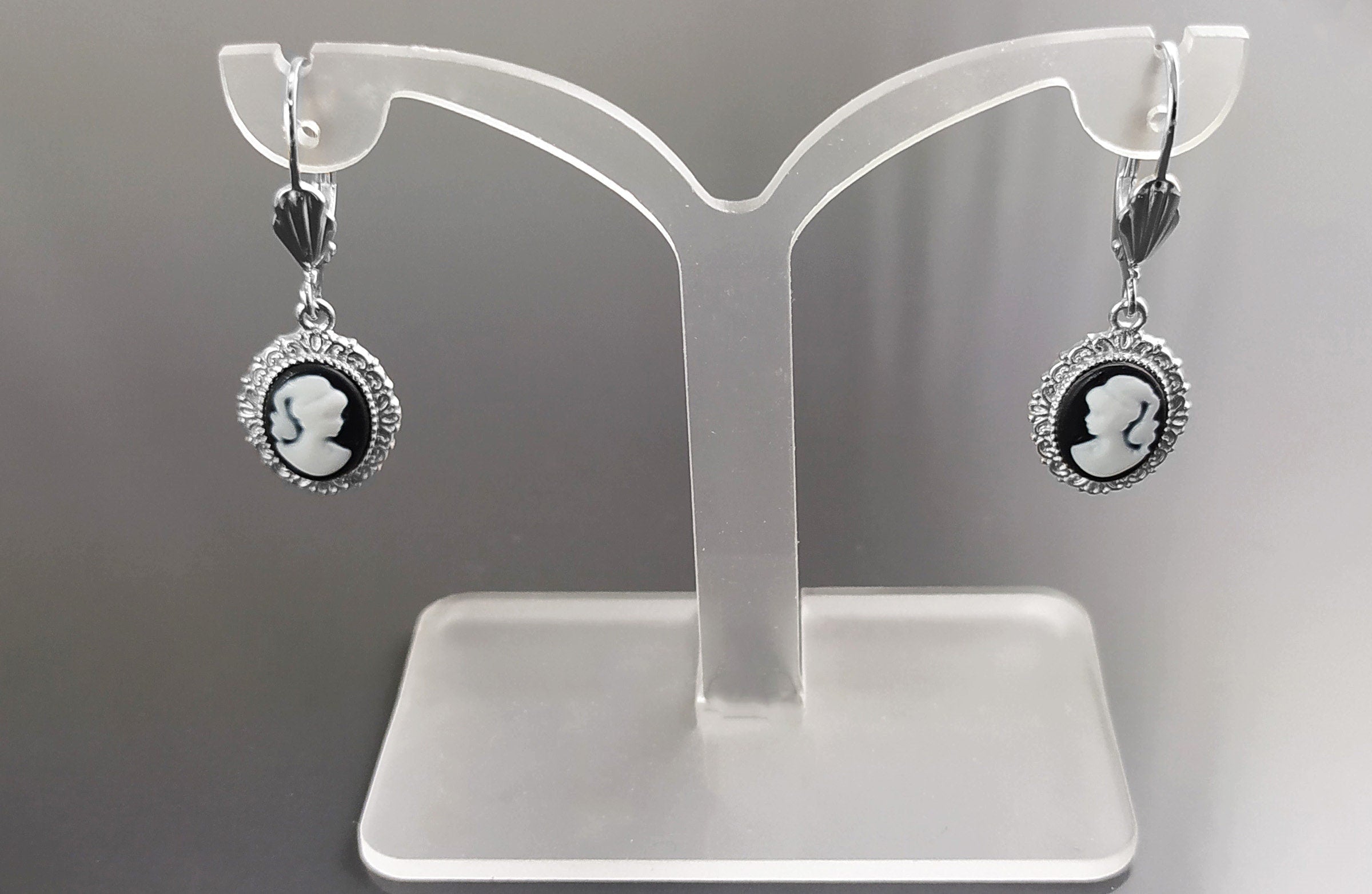 Sterling Silver Cameo Earrings, Black and White Resin, Victorian Style