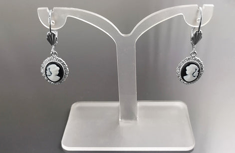 Sterling Silver Cameo Earrings, Black and White Resin, Victorian Style