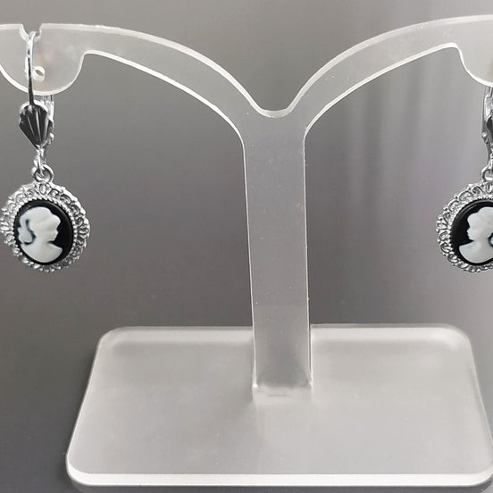 Sterling Silver Cameo Earrings, Black and White Resin, Victorian Style