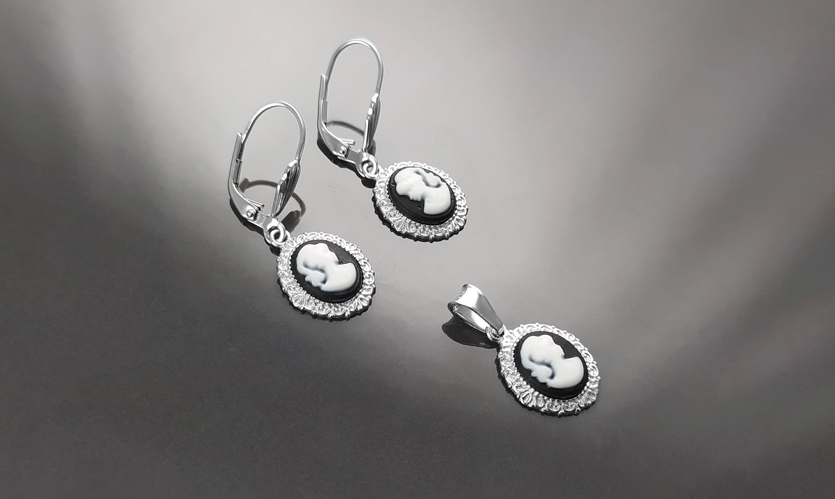 Sterling Silver Cameo Earrings, Black and White Resin, Victorian Style
