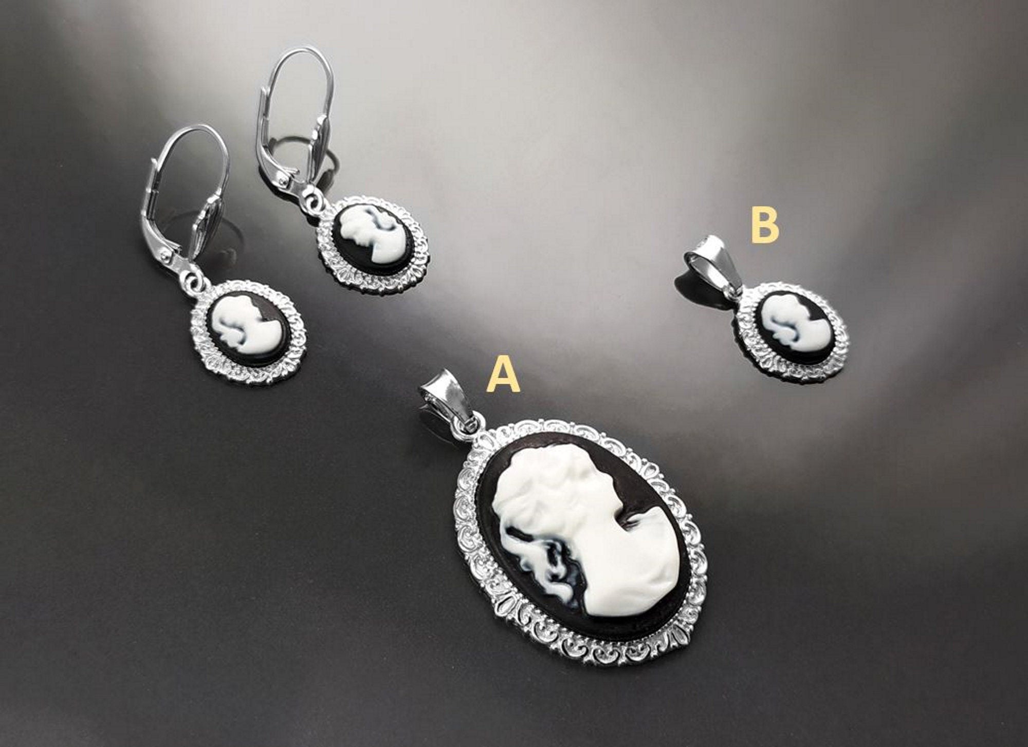 Sterling Silver Cameo Earrings, Black and White Resin, Victorian Style