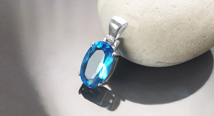 Blue Stone Necklace, sterling silver, classic oval shape topaz color Cz stone necklace, Classic Minimalist Stones jewelry, Blue Oval Pendant
