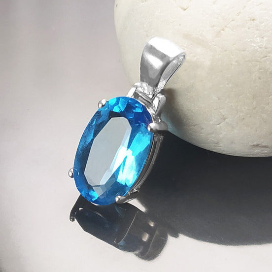 Blue Stone Necklace, sterling silver, classic oval shape topaz color Cz stone necklace, Classic Minimalist Stones jewelry, Blue Oval Pendant