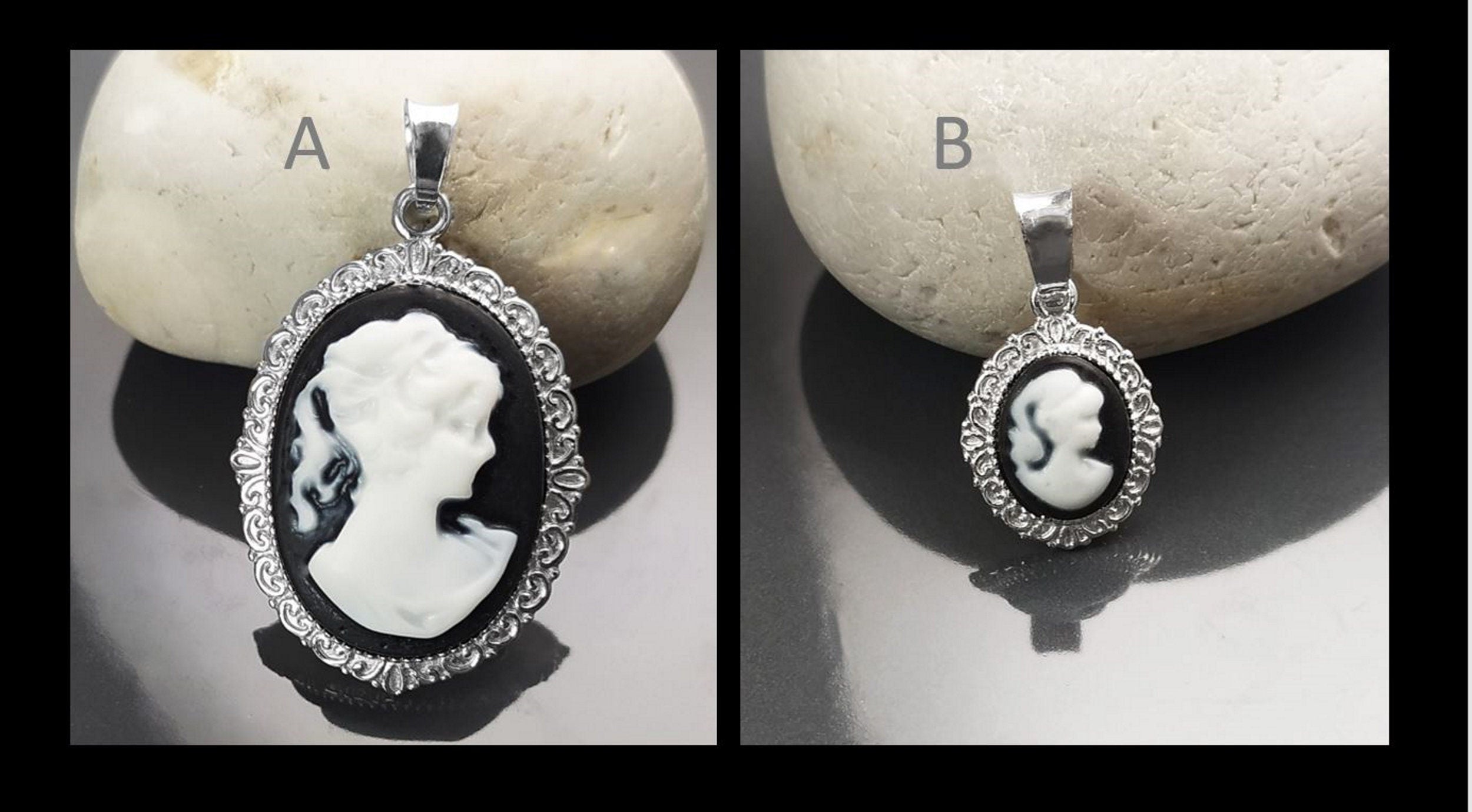 Sterling Silver Cameo Earrings, Black and White Resin, Victorian Style