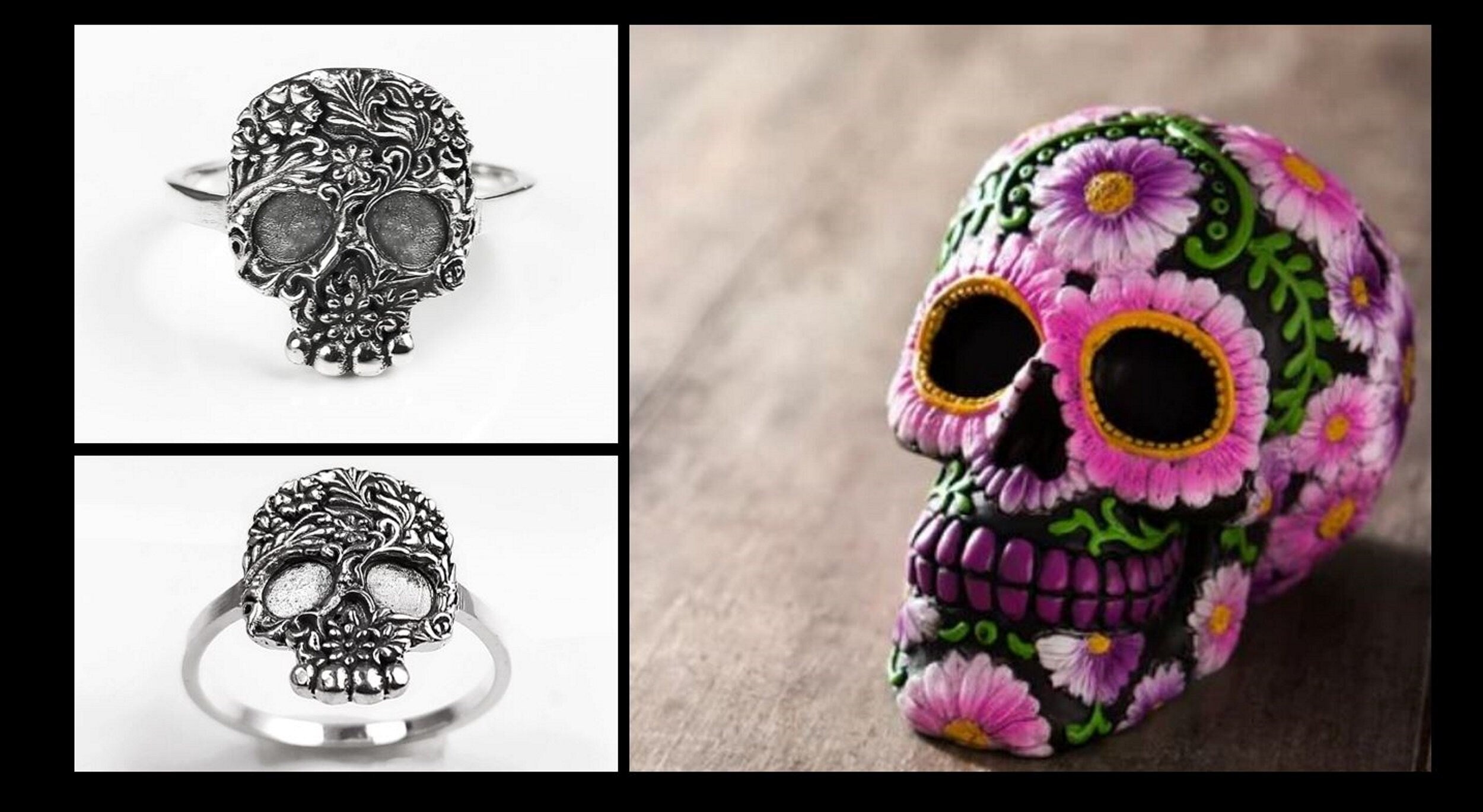 Sterling Silver Floral Gothic Skull Ring, Day of the Dead Jewelry