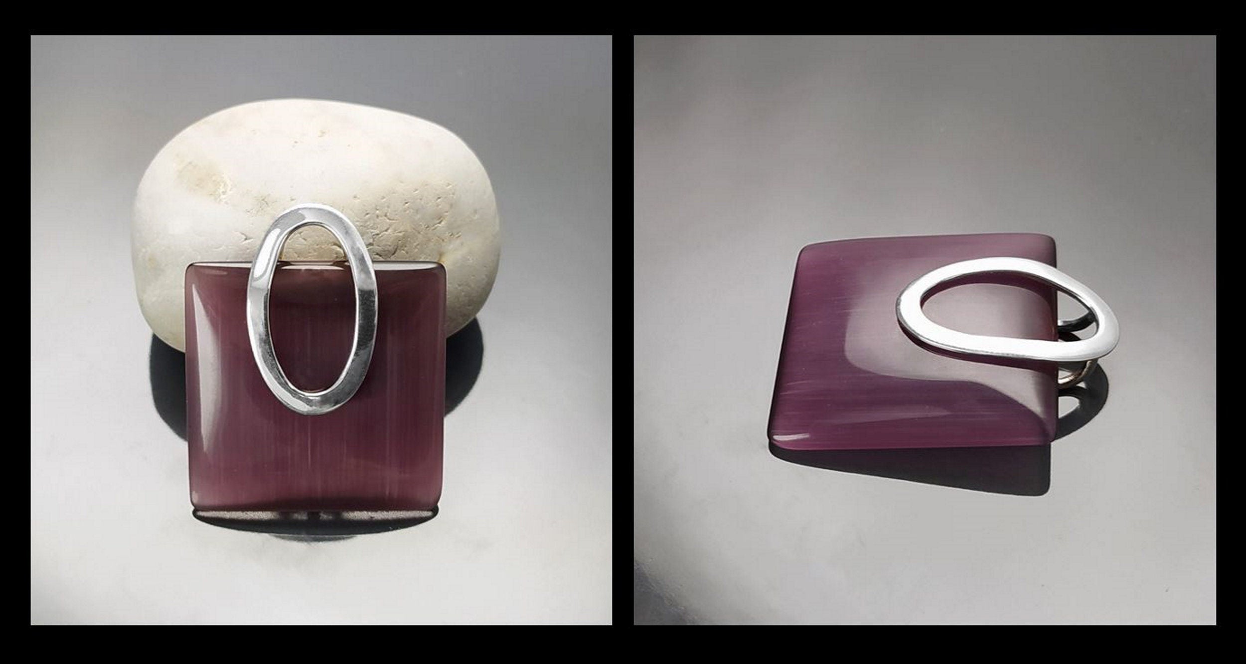 Purple Amethyst Cat's Eye Pendant, Sterling Silver 925 Geometric Necklace