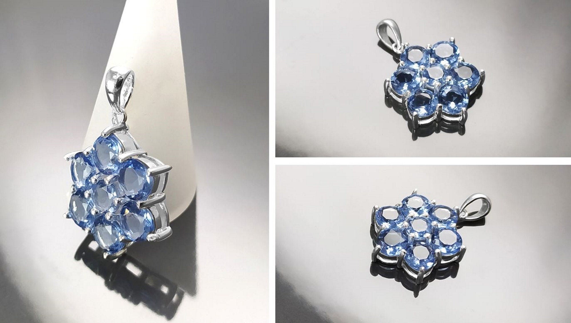 Topaz Blue Color Pendant, Sterling Silver 925, Intricate Design Jewelry, Flower Shape Stone, Sapphire Blue CZ Pendant, Silver Necklace
