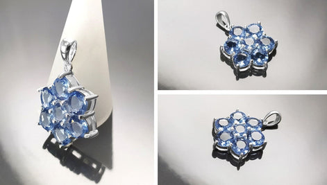 Topaz Blue Color Pendant, Sterling Silver 925, Intricate Design Jewelry, Flower Shape Stone, Sapphire Blue CZ Pendant, Silver Necklace