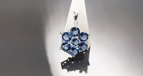 Topaz Blue Color Pendant, Sterling Silver 925, Intricate Design Jewelry, Flower Shape Stone, Sapphire Blue CZ Pendant, Silver Necklace
