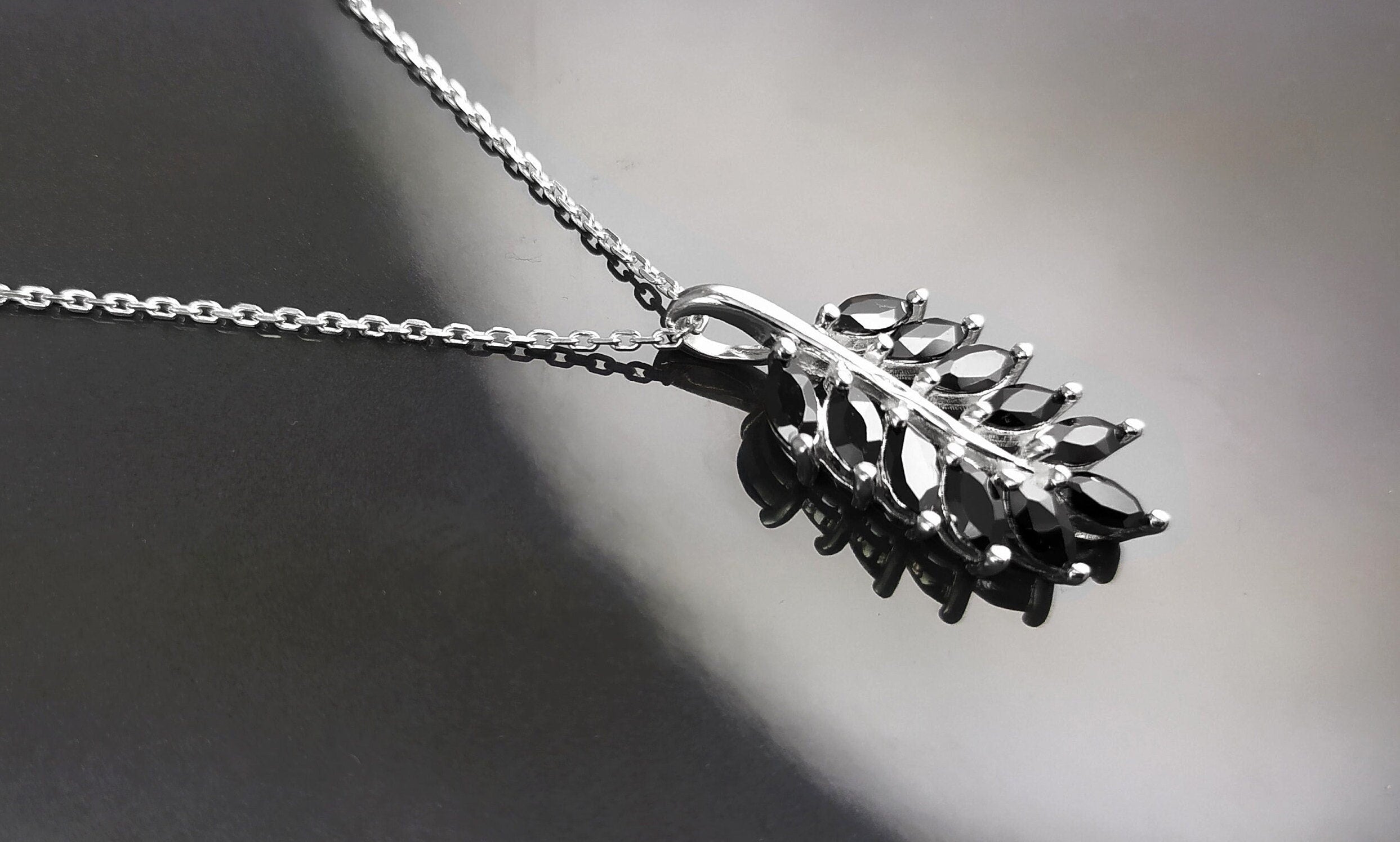 Sterling Silver Laurel Leaves Pendant, Black Lab CZ Stones, Retro Olive Branch Charm
