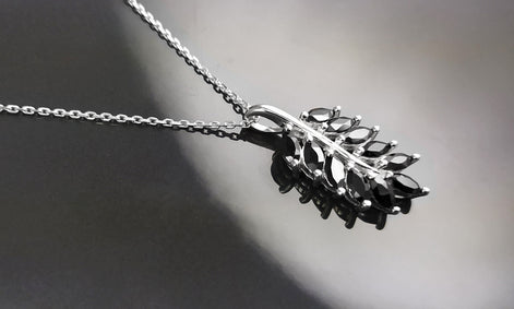 Sterling Silver Laurel Leaves Pendant, Black Lab CZ Stones, Retro Olive Branch Charm