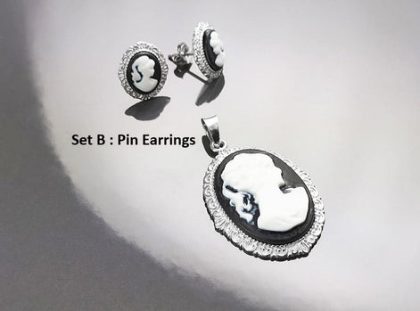 Sterling Silver Cameo Pendant: Black & White Resin, Vintage Style