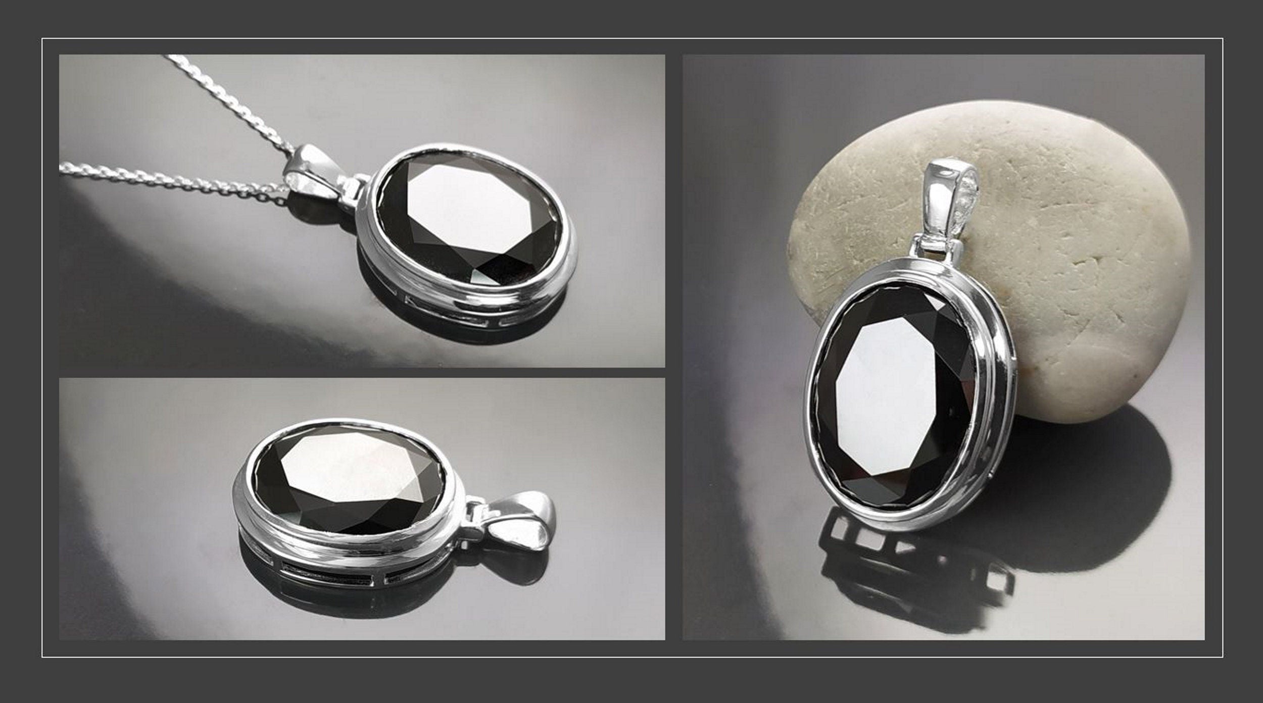 Modern Oval Pendant - Sterling Silver 925 - Oval shape - Black Color Cubic Zirconia - Oval Cz Pendant - Diamond Look Pendant - Mod Elegant