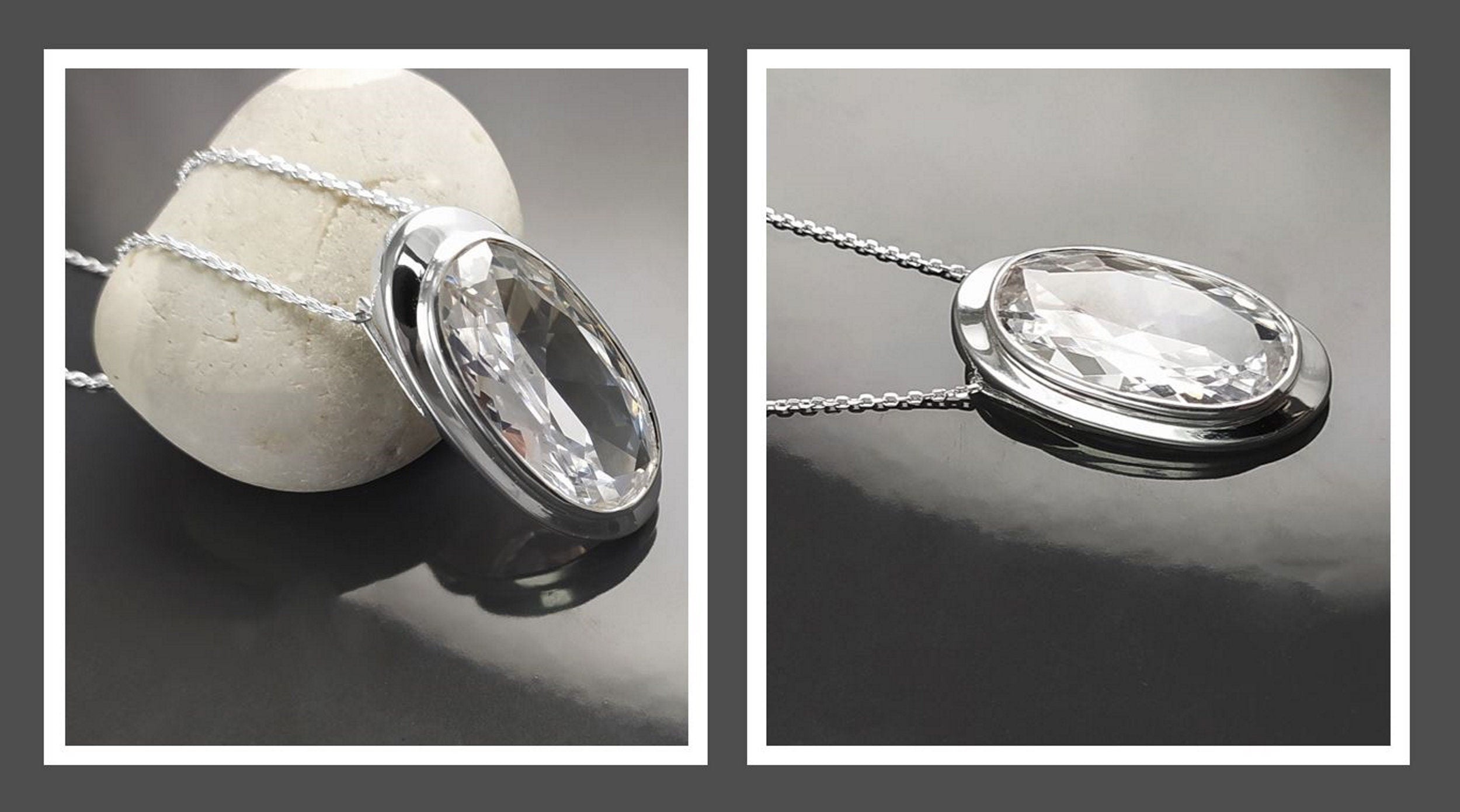 Sterling Silver Pendant 925, Bezel Set Cubic Zirconia Necklace, Shining Oval Stone, Earrings and Pendant Diamond Color Stone, Modern Jewelry