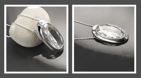 Sterling Silver Pendant 925, Bezel Set Cubic Zirconia Necklace, Shining Oval Stone, Earrings and Pendant Diamond Color Stone, Modern Jewelry