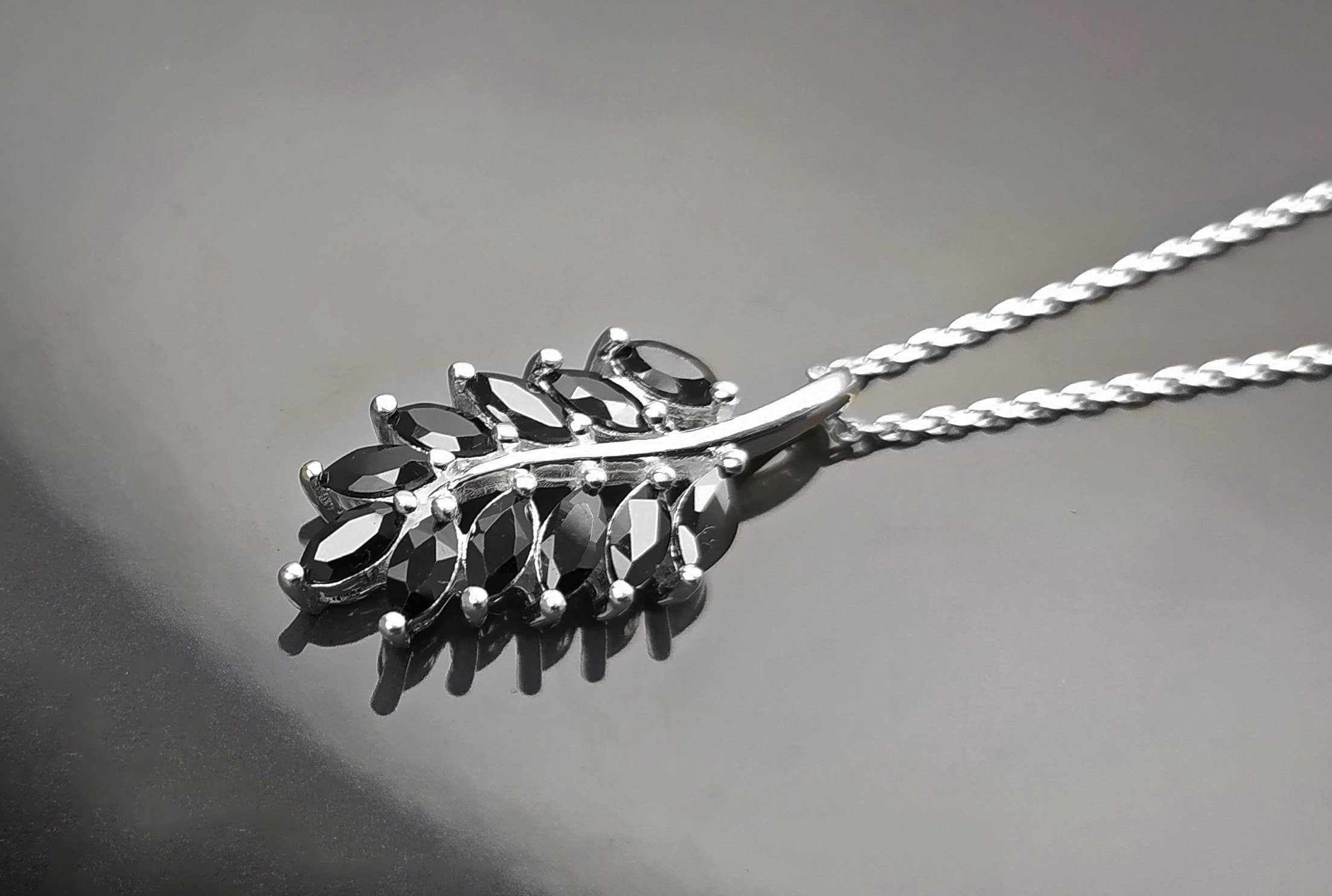 Sterling Silver Laurel Leaves Pendant, Black Lab CZ Stones, Retro Olive Branch Charm