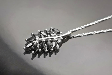 Sterling Silver Laurel Leaves Pendant, Black Lab CZ Stones, Retro Olive Branch Charm