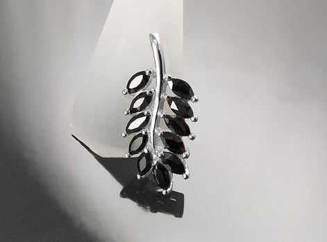 Sterling Silver Laurel Leaves Pendant, Black Lab CZ Stones, Retro Olive Branch Charm