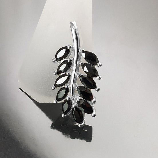 Sterling Silver Laurel Leaves Pendant, Black Lab CZ Stones, Retro Olive Branch Charm