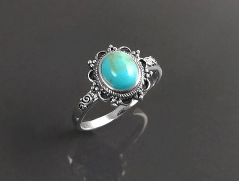Turquoise Ring, Sterling Silver, Boho Ring, Blue Turquoise Stone Ring, Small Midi Oval Ring, Dainty Jewelry, Victorian Antique Ring