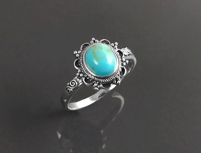 Turquoise Ring, Sterling Silver, Boho Ring, Blue Turquoise Stone Ring, Small Midi Oval Ring, Dainty Jewelry, Victorian Antique Ring