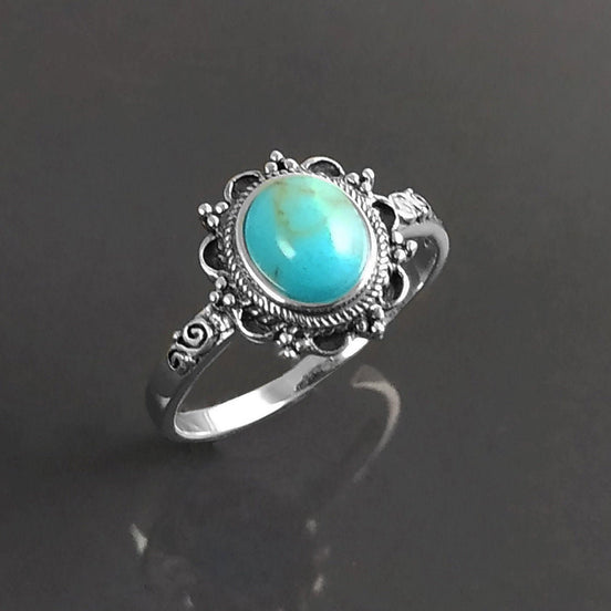 Turquoise Ring, Sterling Silver, Boho Ring, Blue Turquoise Stone Ring, Small Midi Oval Ring, Dainty Jewelry, Victorian Antique Ring