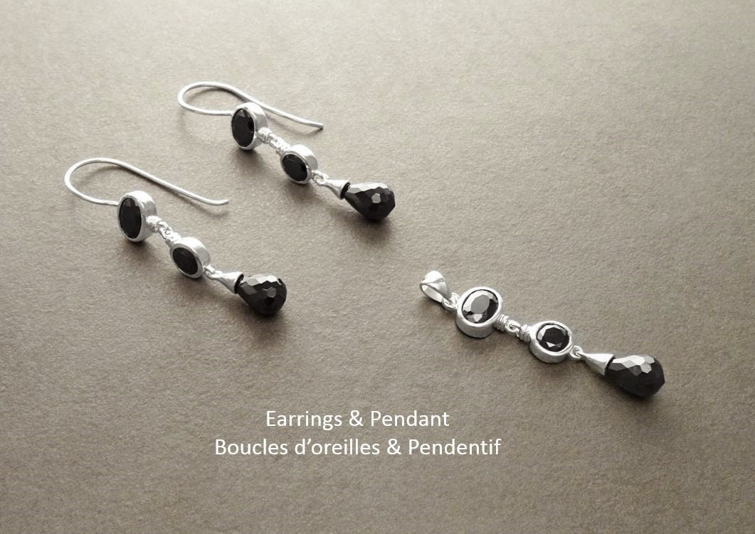 Black Drop Earrings - Hook Earrings - Sterling Silver - Chandelier Earrings - Black Color Cubic Zirconia - Long silver earrings
