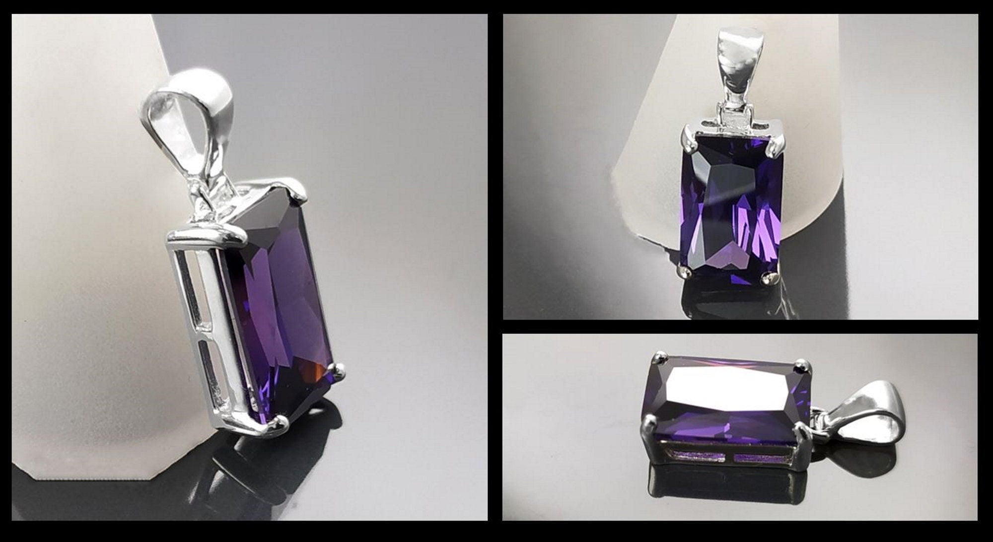 PURPLE Rectangle Pendant, Sterling silver, Amethyst Color Cz Stone necklace, Classic Minimalist Stones jewelry, Purple Necklace Cz