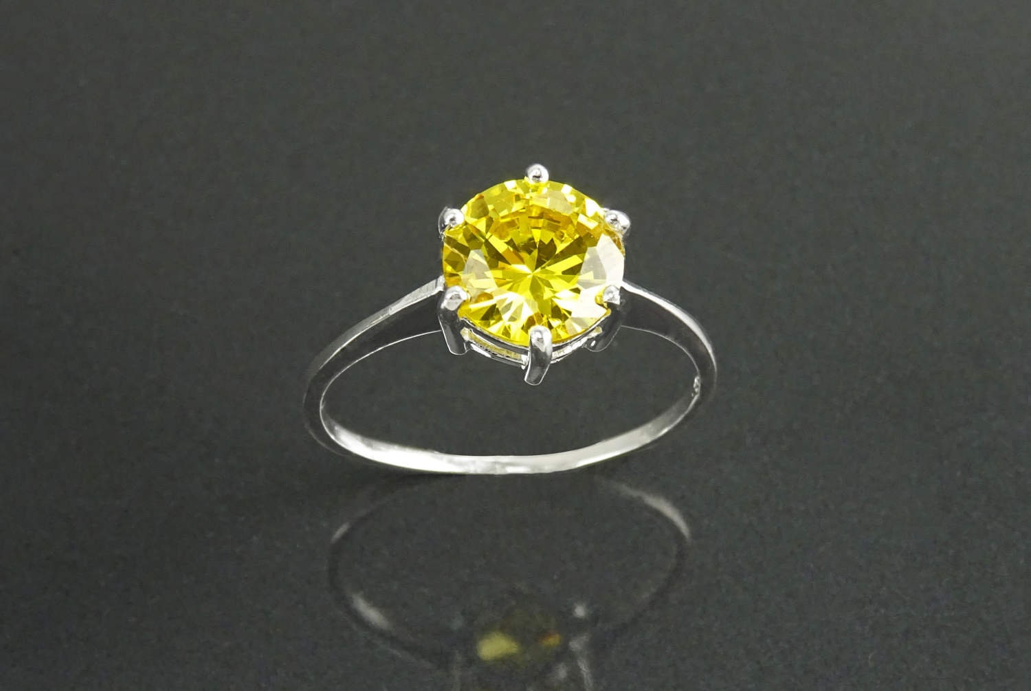 Solitaire Ring, Sterling Silver, 8mm Yellow Color (CZ) Stone, Modern promise jewelry Design, Women engagement gift