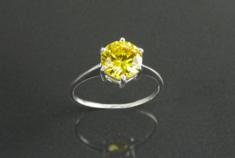 Solitaire Ring, Sterling Silver, 8mm Yellow Color (CZ) Stone, Modern promise jewelry Design, Women engagement gift