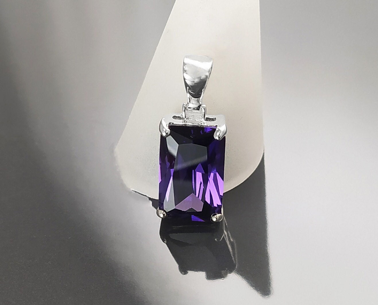 PURPLE Rectangle Pendant, Sterling silver, Amethyst Color Cz Stone necklace, Classic Minimalist Stones jewelry, Purple Necklace Cz